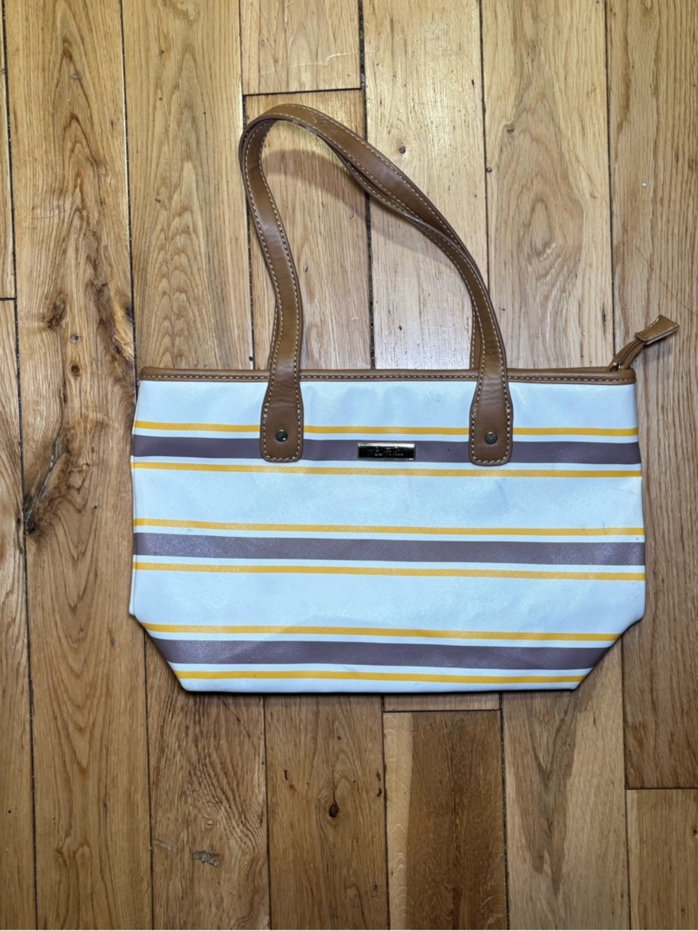 Marc Fisher Striped Tote Shoulder Bag Brown Yellow Tan Summer Purse - Picture 1 of 4